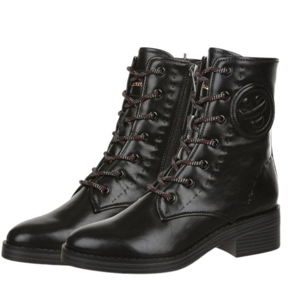 Sam & Libby Women's Melanie Black Combat Boots Gothic Stitched Embroidered Crest - Picture 1 of 17